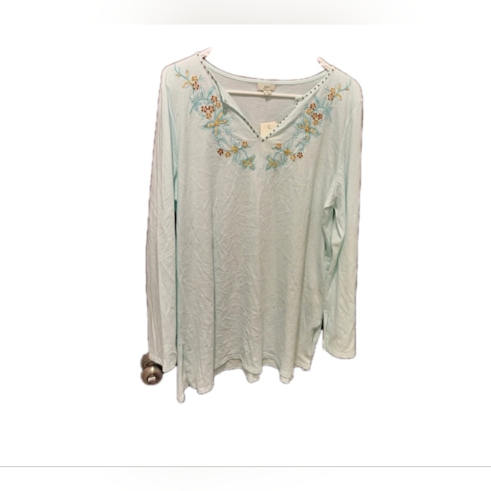 J. Jill Long Sleeve Light Blue Beaded Floral Top XL NWT Bohemian Flare Sleeve